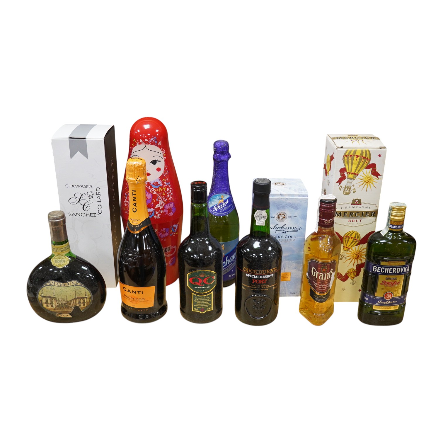 Ten bottles of alcohol to include Canti Prosecco, Cockburns Special Reserve Port and Grants Scotch whisky. Condition - fair, storage history unknown